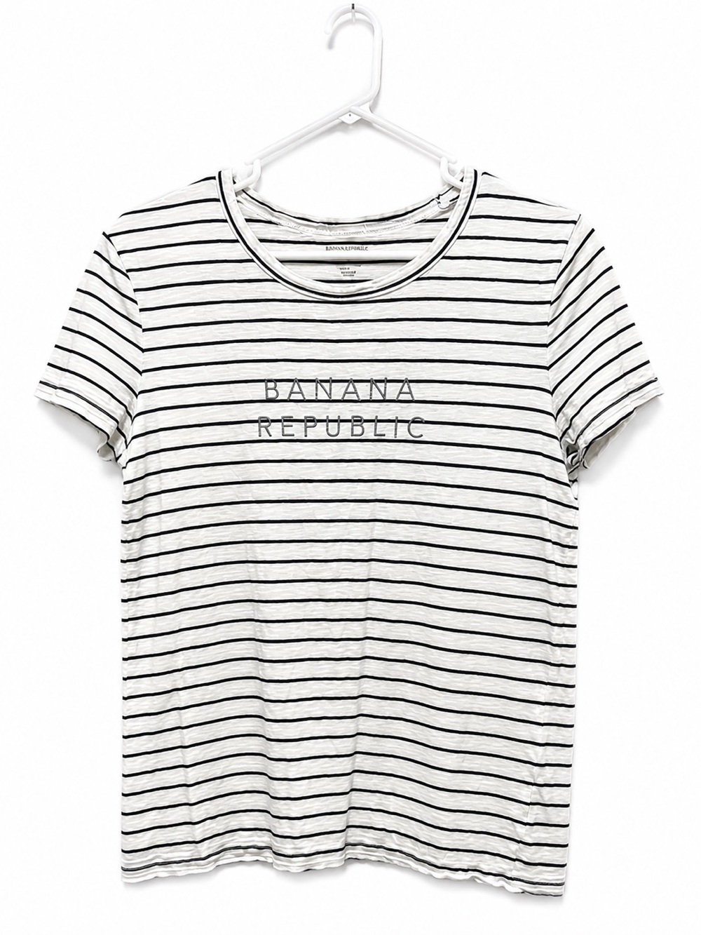 Banana Republic Striped Logo T-Shirt | Women’s Gray & Black Stripe Tee | Casual